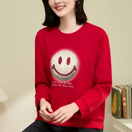 正肩圆领卫衣女春秋2024年新款时尚趣味笑脸图案棉质上衣薄款长袖商品大图