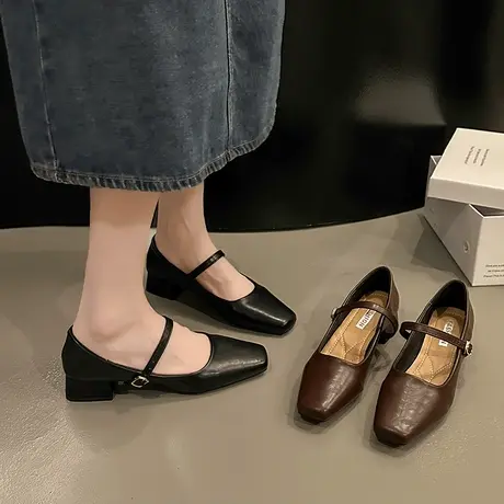 法式晚风气质通勤单鞋女2024新款春季高跟仙女粗跟玛丽珍小皮鞋子商品大图
