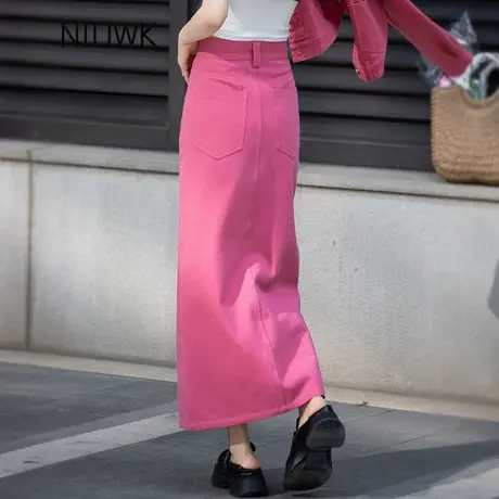 玫红色裙子牛仔裙半身裙女2024新款春秋季长裙直筒包臀裙气质半裙图片