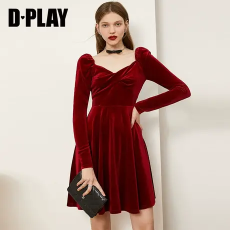 DPLAY德帕拉秋冬新款酒红奶凶法式泡泡袖气质金丝绒圣诞连衣裙商品大图