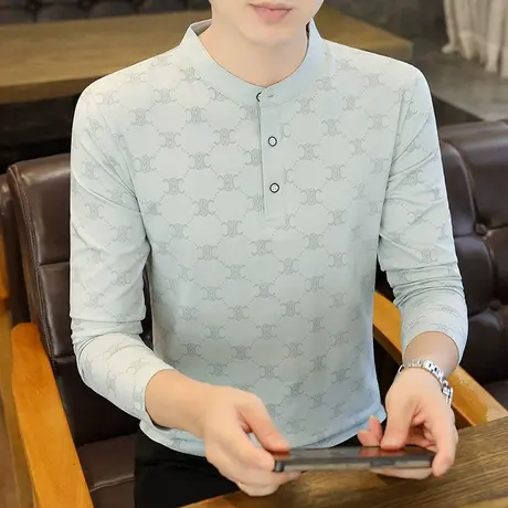 2024新款纯棉印花长袖t恤男立领春秋季韩版潮流内搭秋衣打底衫ins图片