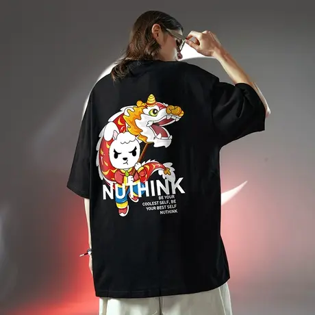 Nuthink国潮潮流舞龙短袖T恤男夏季oversize潮牌ins情侣装半截袖商品大图