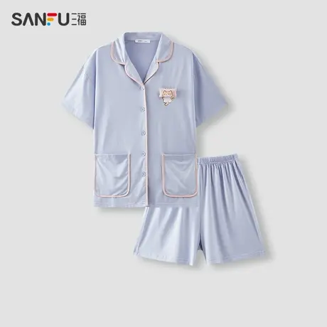 三福女夏季优可丝开扣睡衣套装 宅家萌趣抗菌宽松家居服480089商品大图