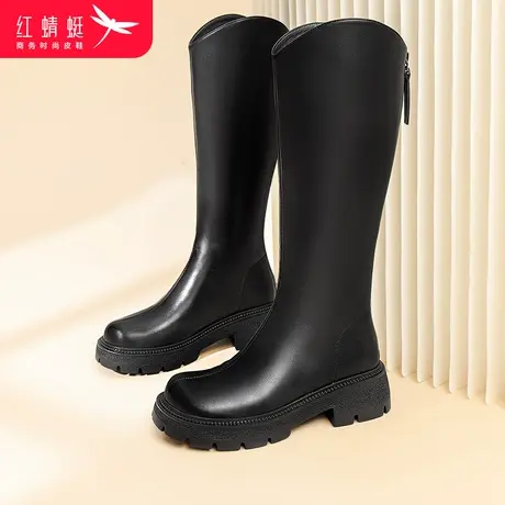 红蜻蜓女靴冬季加绒保暖时尚长筒靴女不过膝骑士靴粗跟显瘦时装靴图片