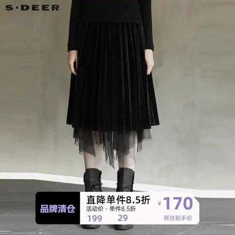 sdeer圣迪奥2021新品优雅松紧网纱拼接不规则丝绒长裙女S21461122图片