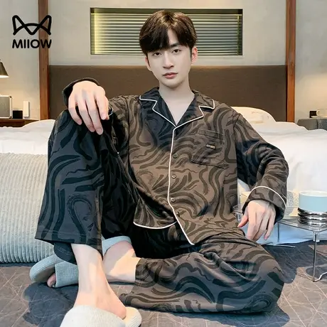 猫人纯棉睡衣男士春秋季长袖长裤开衫2024新款宽松秋冬家居服套装图片