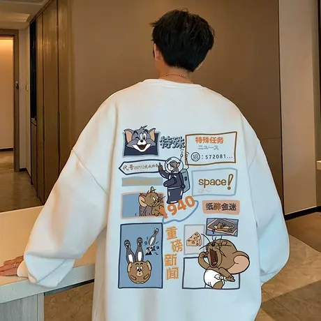 美式vintage卫衣男春秋季宽松情侣装套头印花潮牌2023新款上衣服商品大图