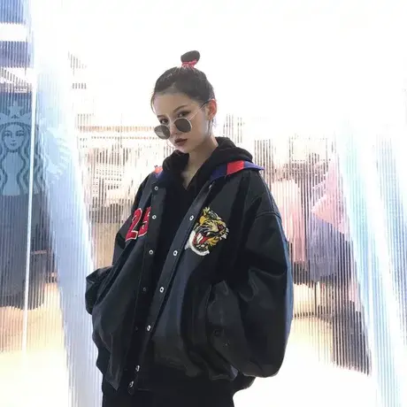 春秋男女新款情侶虎头机车皮夹克bf刺绣皮衣外套宽松韩版学生潮商品大图