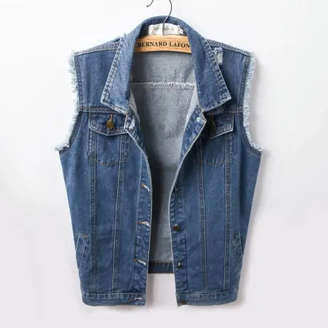 春秋韩版牛仔马甲女中长宽松新款无袖大码外套BF风背心毛边图片