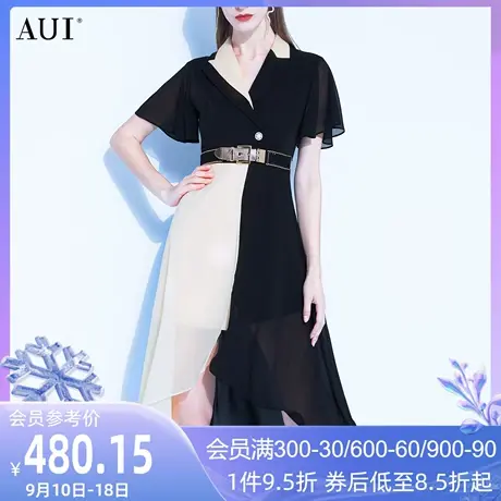 AUI黑白撞色雪纺西装连衣裙2023夏季新款设计感高级不规则裙子女图片