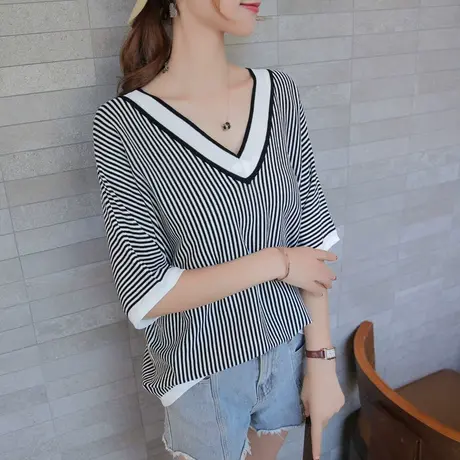 短袖针织衫女夏季韩版宽松冰丝上衣竖条纹显瘦大V领T恤衫新款商品大图