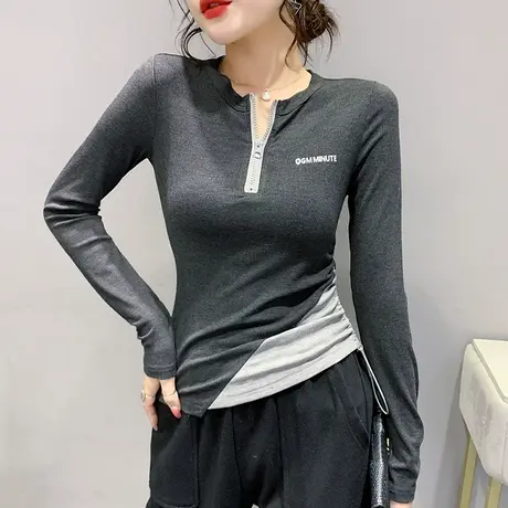 假两件撞色T恤女长袖时尚紧身拉链上衣欧货抽绳洋气打底衫春秋潮商品大图