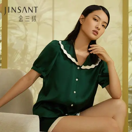金三塔100%桑蚕丝复古花瓣双层领舒适亲肤女士真丝衣裤套家居服图片