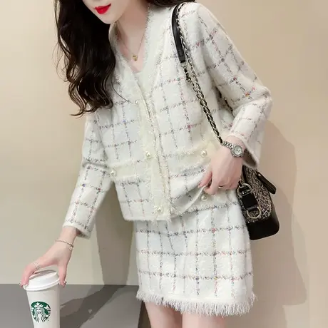 秋季新款2023水貂绒小香风外套宽松针织开衫两件套爆款毛衣套装商品大图