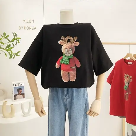 2022早春新款圣诞新年装重工水钻磨毛加厚T恤秋冬打底衫大码欧货图片