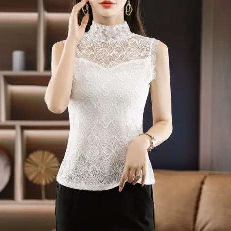 蕾丝打底衫女秋冬季内搭半高领木耳边蕾丝衫女性感镂空小衫潮商品大图