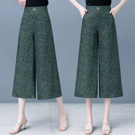 提花八分阔腿裤女2023夏季新款中裤高腰显瘦中国风妈妈冰丝直筒裤商品大图