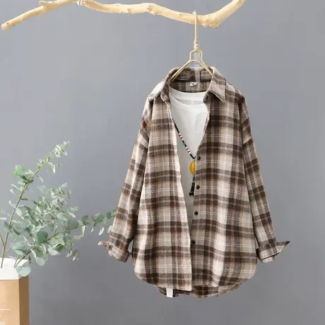 格子衬衫女2023秋季新款韩范翻领长袖外套宽松休闲上衣磨毛衬衣潮商品大图
