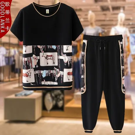 中年胖妈妈夏季薄款短袖两件套大码宽松洋气时尚印花运动休闲套装商品大图