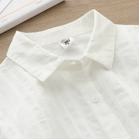 早春新款通勤简约女士白色镂空条纹衬衣休闲翻领显瘦纯棉打底衬衫图片