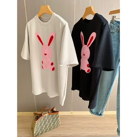 老客推荐~可内搭！立体编织刺绣小兔子舒适长绒棉短袖T恤女早春商品大图