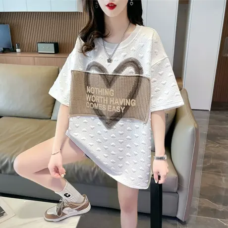 华夫格提花短袖t恤女夏季韩版宽松大码女装中长款小众设计感上衣图片
