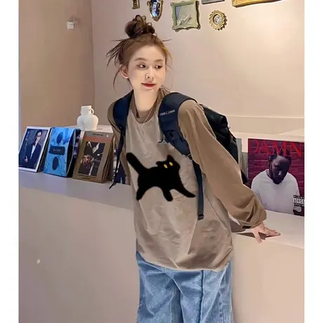 超火cec插肩长袖T恤女春秋韩版洋气减龄宽松显瘦百搭纯棉体恤上衣商品大图