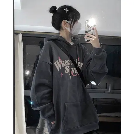 连帽卫衣女秋冬大码宽松复古美式潮牌小众设计感加绒加厚外套上衣图片