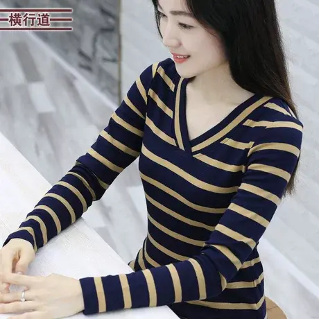 2023冬装新款v领长袖t恤女装大码外穿条纹修身打底衫上衣体恤小衫商品大图