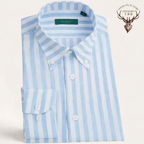 十米布新款蓝白条纹亚麻衬衫男长袖夏季修商务休闲港风纯麻衬衣商品大图