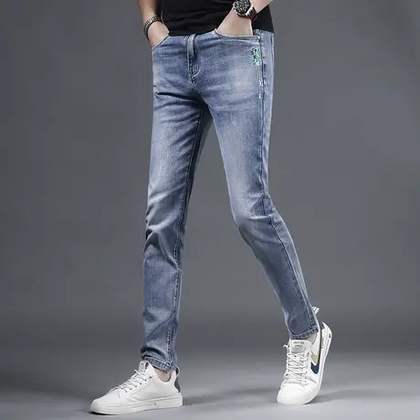 牛仔裤男款修身小脚2023夏季新款韩版潮流百搭弹力男士牛仔裤蓝色商品大图