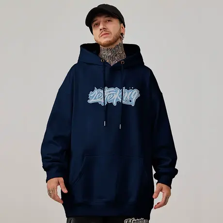 宝蓝色大码外套港风连帽字母卫衣潮牌胖男生大码男装春秋冬季加绒商品大图