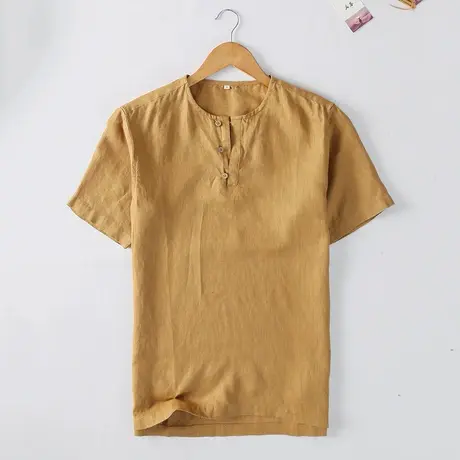亚麻短袖T恤中国风夏季薄款男士衬衣复古休闲衬衫大码宽松套头衫商品大图
