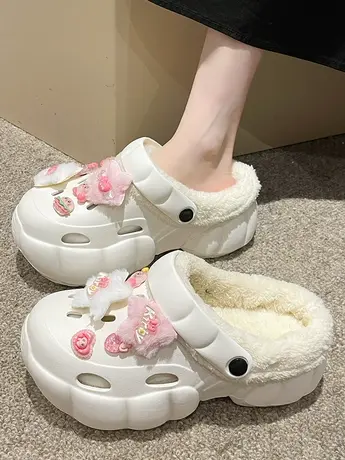 可爱少女心洞洞鞋女外穿2023秋冬新款加绒厚底踩屎感包头毛毛棉拖商品大图