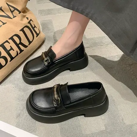 厚底乐福鞋女2023夏季新款爆款女鞋粗跟春秋英伦风小皮鞋黑色单鞋商品大图