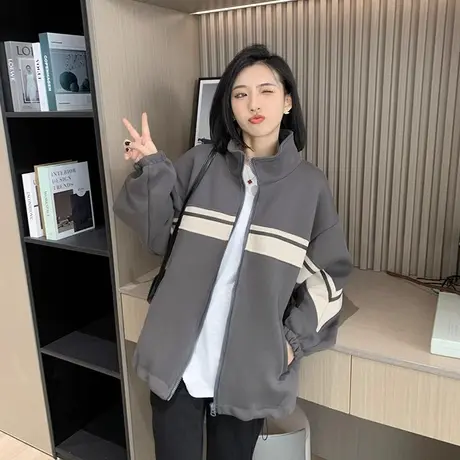 大码韩版外套女春秋季胖mm宽松显瘦棒球服加厚加绒开衫卫衣200斤商品大图