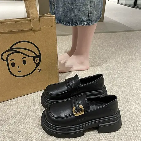 厚底女鞋子百搭乐福鞋2024新款春秋一脚蹬单鞋英伦风小皮鞋小黑鞋商品大图