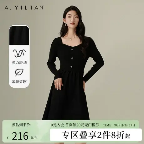 阿依莲复古赫本风毛织拼接连衣裙女2024春季新款收腰显瘦中长裙子图片