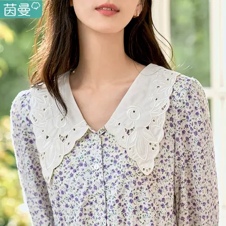 茵曼旗舰店刺绣镂空翻领连衣裙女2023春季新款宽松显瘦碎花裙子图片