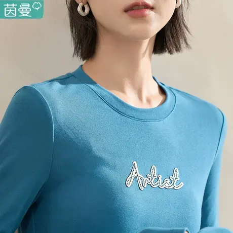 茵曼旗舰店复古休闲圆领t恤女士2023春季新款百搭气质长袖上衣图片