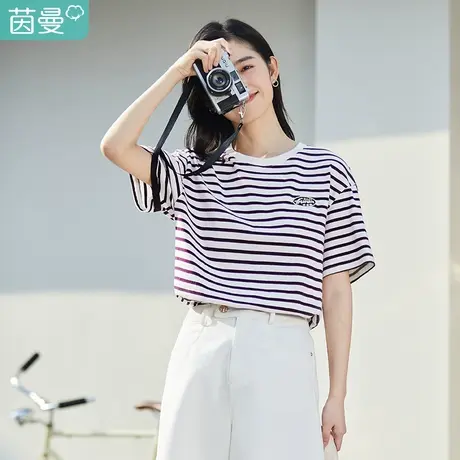 茵曼条纹短袖t恤女2023年夏季新款套头休闲宽松显瘦纯棉圆领上衣T图片