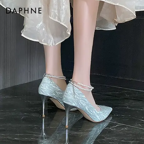达芙妮blingbling高跟鞋2023新款女银色细跟尖头绝美婚鞋伴娘单鞋图片