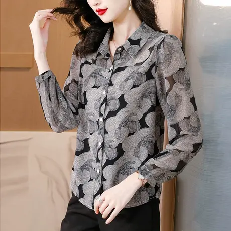 2023秋季新款女士复古印花衬衫宽松洋气长袖设计感小众气质小衫商品大图