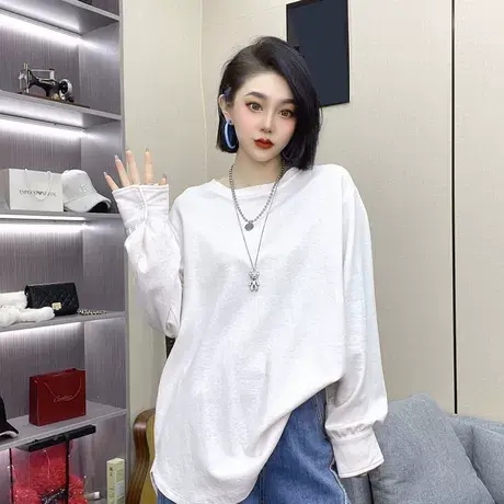 春季新款纯色打底衫宽松显瘦中长款休闲圆领套头T恤洋气百搭上衣商品大图