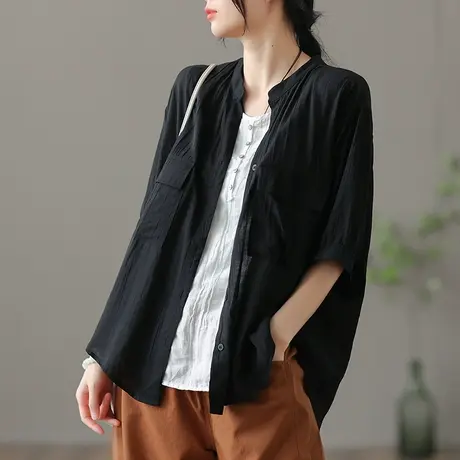 dza 文艺复古薄款宽松V领开衫夏季短袖薄款气质衬衣白色短款衬衫图片