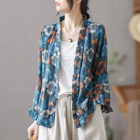 dza 复古气质亚麻上衣女士2022新款春季外套女装短款休闲棉麻开衫图片