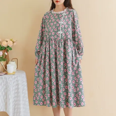 胖妹妹秋季2023新品灯芯绒印花中式旗袍裙大码微胖花边领旗袍长裙商品大图