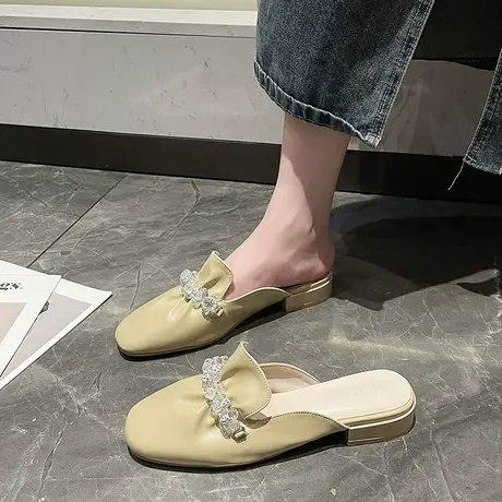 包头半拖鞋女外穿2023年夏季新款法式水钻穆勒鞋凉拖百搭粗跟凉鞋商品大图