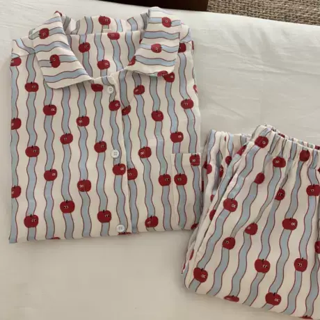 新品！蓝条纹苹果全棉磨毛加厚家居服翻领长袖长裤睡衣套装可外穿商品大图