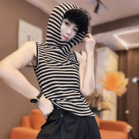 韩版早秋新款设计感辣妹无袖背心T恤简约连帽修身显瘦百搭上衣女图片